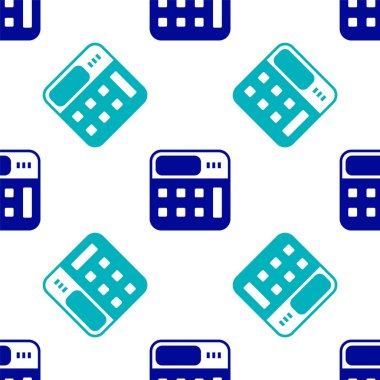 Mavi Hesap Makinesi simgesi beyaz arkaplanda izole edilmiş kusursuz desen. Muhasebe sembolü. İş hesaplamaları matematik eğitimi ve finans. Vektör.
