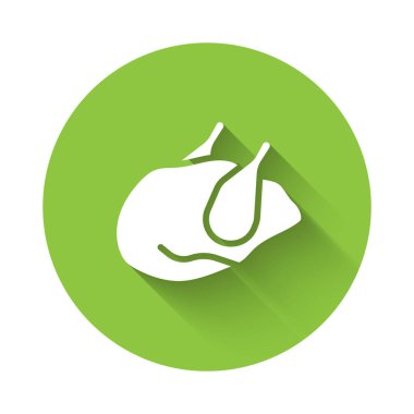 Beyaz kızarmış hindi veya uzun gölgeli izole edilmiş tavuk ikonu. Yeşil daire düğmesi. Vektör.