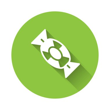 Beyaz Şeker ikonu uzun gölgeli. Mutlu Cadılar Bayramı Partisi. Yeşil daire düğmesi. Vektör.