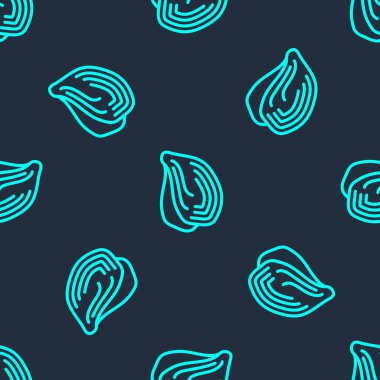 Yeşil çizgi midye simgesi mavi arkaplandaki kusursuz deseni izole etti. Taze deniz ürünleri. Vektör.