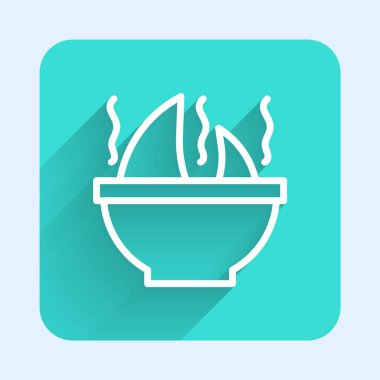 Uzun gölgeli beyaz çizgi köpek balığı yüzgeci çorba ikonu. Yeşil kare düğmesi. Vektör.