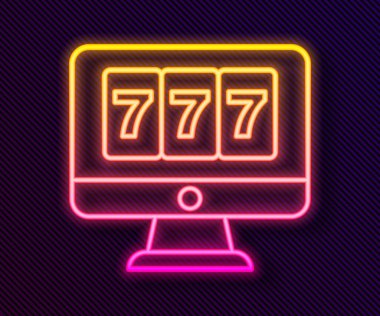 Parlayan neon hattı çevrimiçi kumar makinesi ve siyah arka planda izole edilmiş şanslı yedili ikramiye ikonu. İnternetteki kumarhane. Vektör.