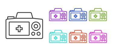 Siyah çizgi fotoğraf makinesi simgesi beyaz arkaplanda izole edildi. Foto kamera. Dijital fotoğrafçılık. Simgeleri renklendirin. Vektör.