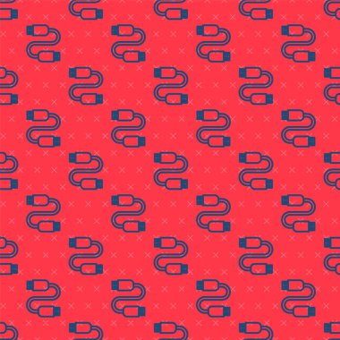 Mavi çizgi USB kablo ikonu kırmızı arkaplanda izole edilmiş pürüzsüz desen. PC ve mobil cihazlar için bağlantı ve soketler. Vektör.