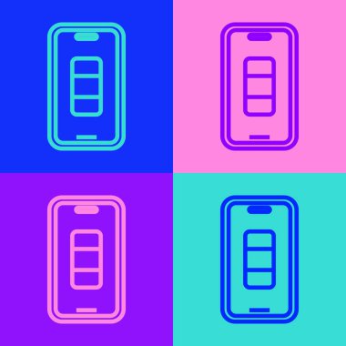 Pop Art Line Smartphone şarj ikonu renk arkaplanında izole edildi. Şarjı az bir telefon. Vektör.