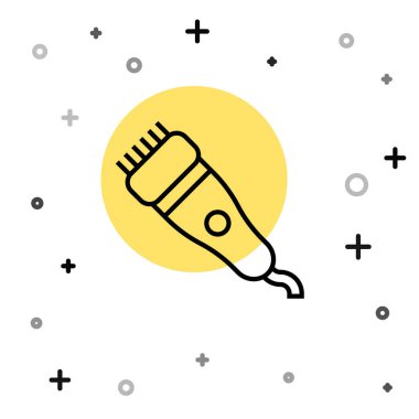 Beyaz arka planda siyah çizgi elektrikli saç kırpıcısı ya da traş ikonu var. Berber dükkanı sembolü. Rastgele dinamik şekiller. Vektör.