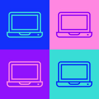 Pop sanat eseri dizüstü bilgisayar simgesi renk arkaplanında izole edildi. Boş ekran işaretli bilgisayar defteri. Vektör.