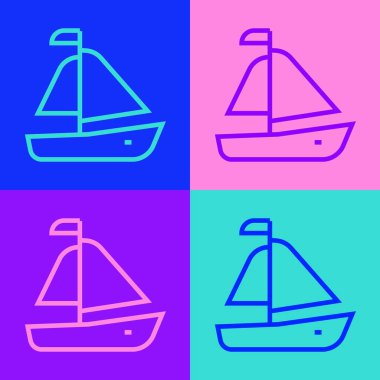 Pop Art Line Yacht yelkenli ya da yelkenli ikonu renkli arka planda izole edilmiş. Yelkenli deniz seyahati. Vektör.