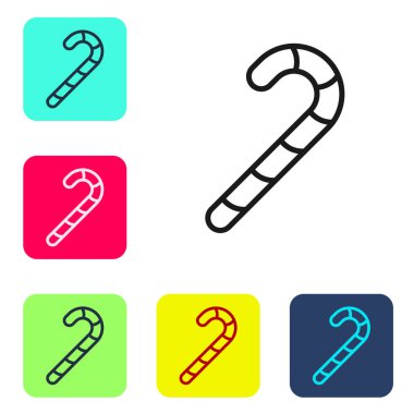 Beyaz arka planda izole edilmiş çizgili siyah çizgi Noel şekerleme çubuğu. Mutlu Cadılar Bayramı Partisi. Renkli kare düğmelerle simgeleri ayarla. Vektör.