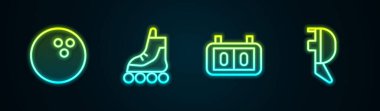 Bowling topu, paten, spor mekanik skorbord ve kask maskesi. Parlayan neon ikonu. Vektör