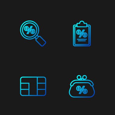 Hat çizgisi para yüzdesi, çipli kredi kartı, büyüteç ve finans belgesi. Renk simgeleri. Vektör