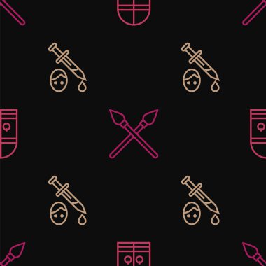 Ortaçağ kale kapısı, kanlı kılıç ve kusursuz desenli orta çağ mızrakları. Vektör