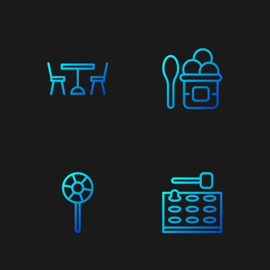 Sıralı oyun makinesi, lolipop, sandalyeli piknik masası ve dondurma kasesi. Renk simgeleri. Vektör