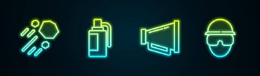 Uçuş Taşı, El bombası, Megafon ve Özel Kuvvetler askerleri. Parlayan neon ikonu. Vektör