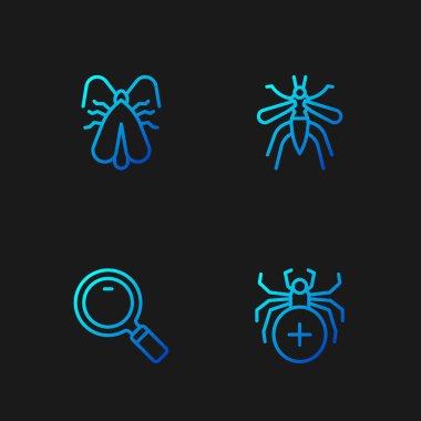 Çizgi örümceği, büyüteç, güve ve sivrisinek. Renk simgeleri. Vektör