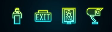 Set satırı ders veriyor, çıkış işareti, müzede portre ve güvenlik kamerası. Parlayan neon ikonu. Vektör