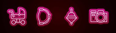 Bebek arabası, fiyonk oyuncağı, Whirligig ve fotoğraf makinesi. Parlayan neon ikonu. Vektör