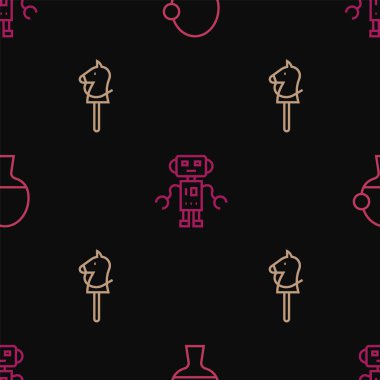 Çizgi, raket ve top, oyuncak at ve robot oyuncaklar kusursuz desende. Vektör