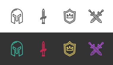 Ortaçağ demir miğferi, Hançer, Taçlı Kalkan ve Orta Çağ kılıcını siyah beyaz üzerine geçirin. Vektör