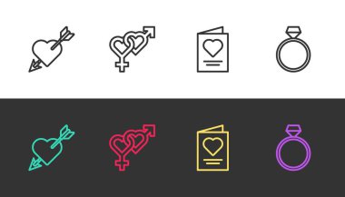 Amour 'u kalp, ok, cinsiyet, tebrik kartı ve elmas nişan yüzüğüyle siyah ve beyaza ayarla. Vektör