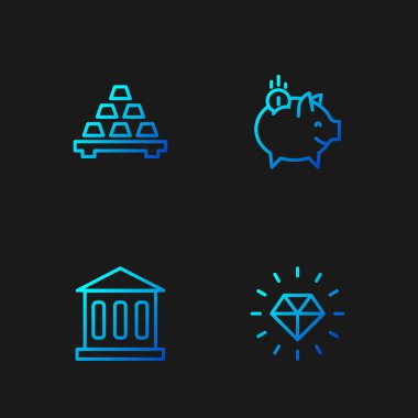 Elmas hattı, banka binası, altın külçeler ve paralı kumbaralar. Renk simgeleri. Vektör