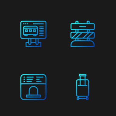 Bavul hattı, bilet almak için bilet ofisi ve tren yolu rayları ayarlayın. Renk simgeleri. Vektör