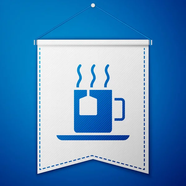 Mavi Fincanlı Çay Poşeti Ikonu Mavi Arka Planda Beyaz Flama — Stok Vektör