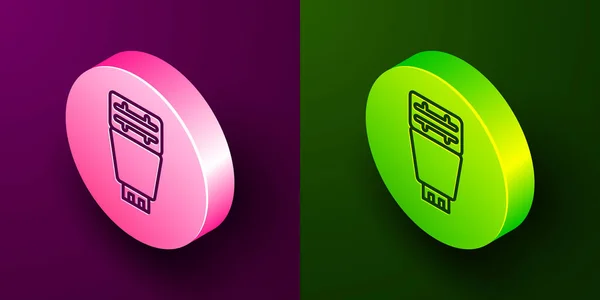 Ізометрична Лінія Піктограма Спалаху Фотоапарата Ізольована Фіолетовому Зеленому Тлі Кнопка — стоковий вектор