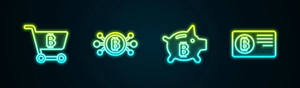 Set Line Warenkorb Mit Bitcoin Bitcoin Schaltung Sparschwein Und Kreditkarte — Stockvektor