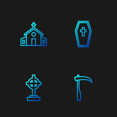 Çizgi Scythe, haçlı mezar, kilise binası ve tabut. Renk simgeleri. Vektör