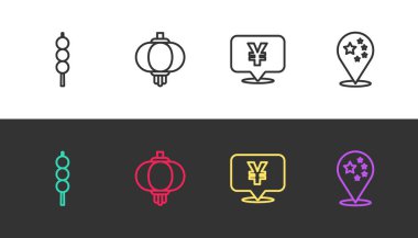 Ahşap çubukta köfteler, Çin kağıt fenerleri, Yuan paraları ve Çin bayrağı siyah beyaz. Vektör