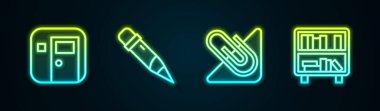 Sınıf çizgisi, silgi, ataç ve raflık kitaplı kalem. Parlayan neon ikonu. Vektör