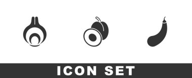Soğan, erik meyvesi ve patlıcan ikonu koy. Vektör