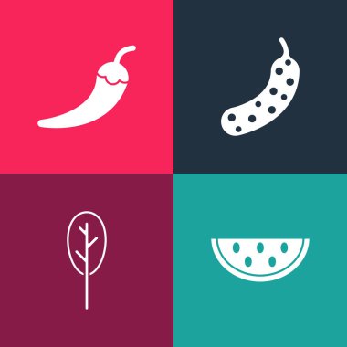 Popüler karpuz, ıspanak, taze salatalık ve acı biber ikonu hazırla. Vektör