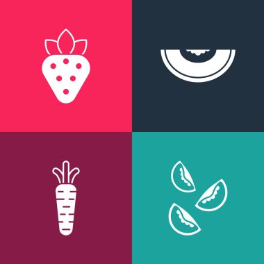 Pop Art Domates, Havuç, Kavun Meyvesi ve Çilek ikonu. Vektör