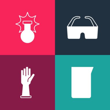 Pop Sanat Laboratuvarı cam süsleme ya da deney tüpü, tıbbi lastik eldivenler, güvenlik gözlüğü ve kimyasal patlama ikonu hazırla. Vektör