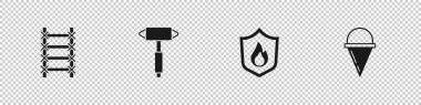 Yangın merdiveni, itfaiyeci baltası, koruma kalkanı ve koni kovası ikonu. Vektör