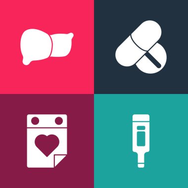 Pop Art Dijital Termometresi, Doktor randevusu, İlaç hapı tableti ve İnsan Organ Karaciğeri ikonunu ayarla. Vektör
