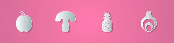 Set Papier Coupé Prune Fruits Champignon Ananas Oignon Icône Style — Image vectorielle