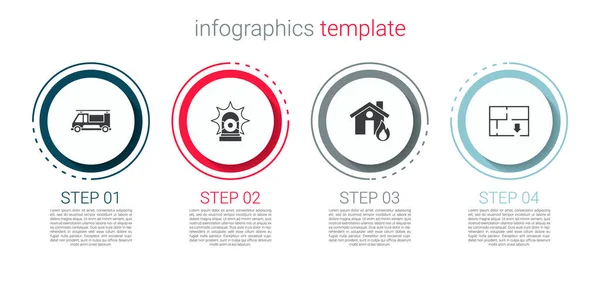 Conjunto Camión Bomberos Sirena Flasher Casa Llamas Plan Evacuación Plantilla — Vector de stock