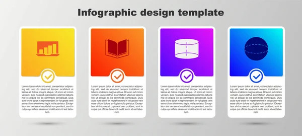 Set Laptop Mit Diagrammdiagramm Offenem Buch Geometrischem Zahlenzylinder Und Kugel — Stockvektor