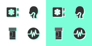 Kalp atış hızı, acil servisin tıbbi sembolü ilaç şişesi, haplar ve boğaz ağrısı ikonu. Vektör