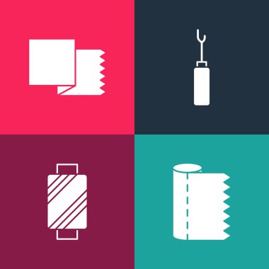 Pop Art Tekstil kumaş rulosunu, dikiş ipliğini makaraya, Awl aletini ve ikonu ayarla. Vektör