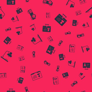 Çevrimiçi sınıf, film, medya projektörü, masa lambası ve kusursuz desen ayarlayın. Vektör