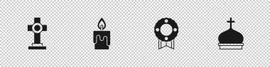 Mezarı haç, yanan mum, çelenk ve kilise kulesi ikonu ile donatın. Vektör