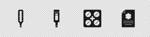 Ensemble Thermomètre Médical Numérique Pilules Plaquette Thermoformée Icône Dossier Clinique — Image vectorielle