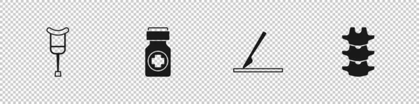 Установите Костыли Костыли Бутылку Лекарствами Таблетки Скальпель Медицинской Хирургии Иконку — стоковый вектор