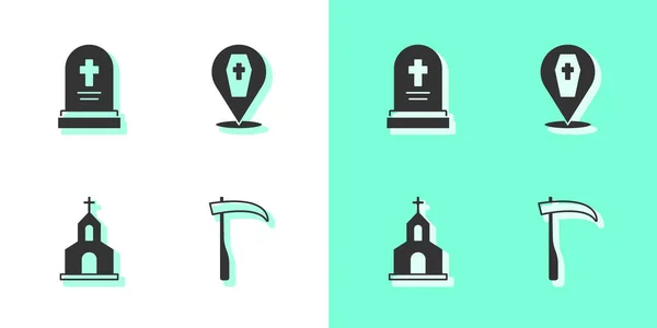 Scythe Grave Tombstone Church Building Coopin Cross Icon Vector — 스톡 벡터