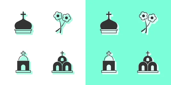 Conjunto Edificio Iglesia Torre Cripta Antigua Icono Flor Vector — Vector de stock