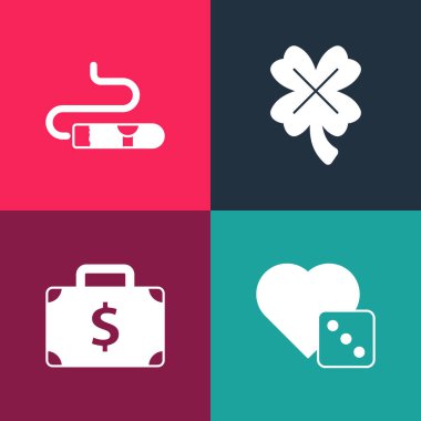 Pop Art Game zarlarını, evrak çantasını ve parayı, yonca ve sigara ikonlu kumarhane kumar makinesini ayarla. Vektör